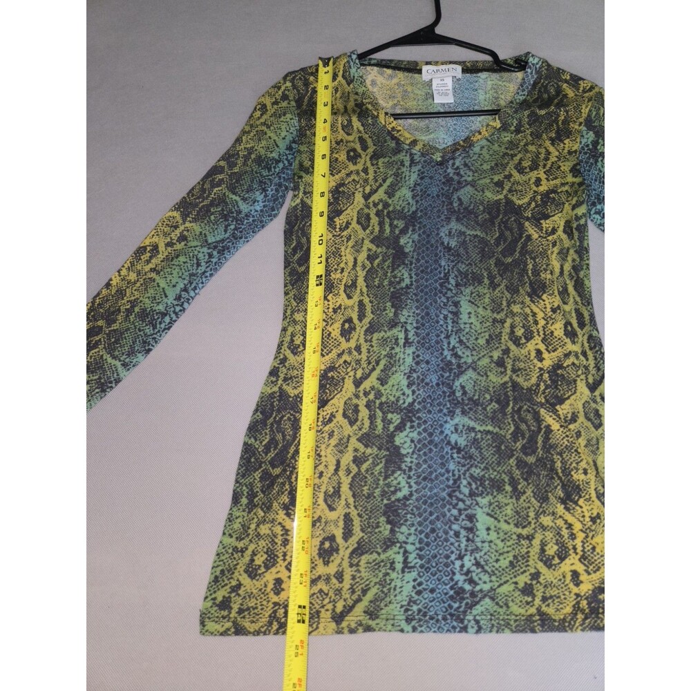 Carmen Marc Valvo Womens Long Sleeve Snake Print Top Green Blue Size XS - Picture 4 of 8